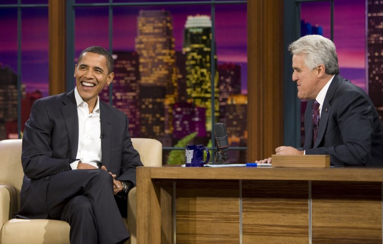 THE TONIGHT SHOW WITH JAY LENO -- Episode 3459 -- Pictured: (l-r) Senator Barack Obama, Jay Leno