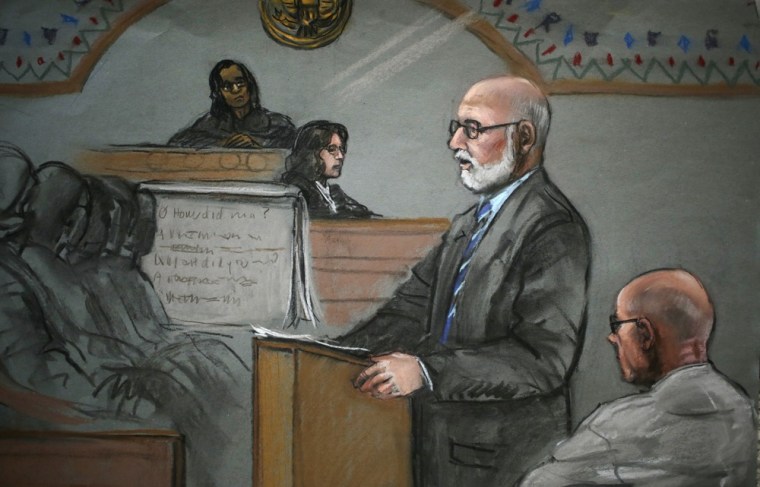 In a courtroom sketch, James