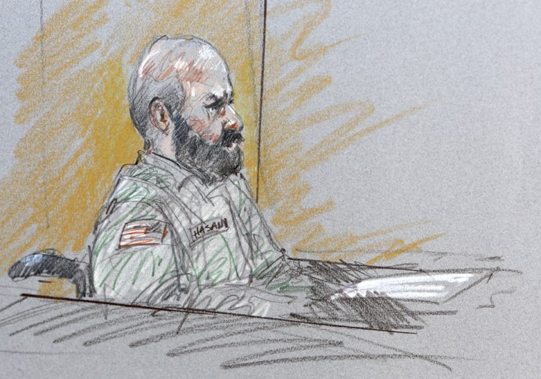 This courtroom sketch shows Maj. Nidal Malik Hasan during his court-martial on Tuesday, Aug. 6, 2013, in Fort Hood, Texas. Hasan is representing himself against charges of murder and attempted murder for the 2009 attack that left 13 people dead.