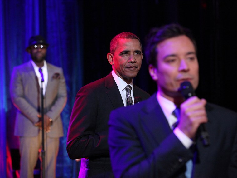 LATE NIGHT WITH JIMMY FALLON -- Episode 622 -- Pictured: (l-r) Tariq \"Questlove\" Trotter, President Barack Obama, Jimmy Fallon -- (Photo by: Lloyd Bis...