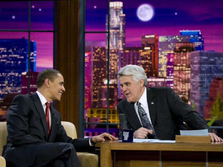 U.S. President Barack Obama joins Jay Leno before appearing on the NBC late night comedy show, \"The Tonight Show with Jay Leno,\" in Burbank, Californi...