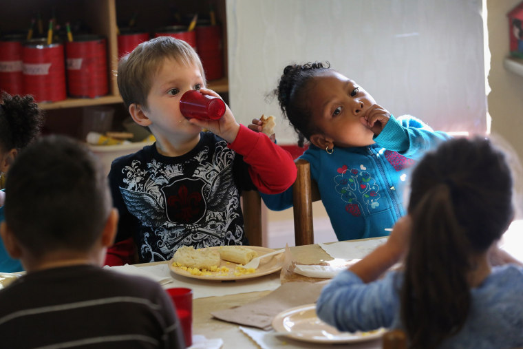 Children eat breakfast at the federally-funded Head Start Program school in Woodbourne, New York.