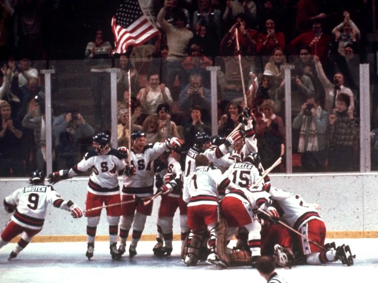 ** FILE **The U.S. hockey team pounces on goalie Jim Craig after a 4-3 victory against the Soviet Union in the 1980 Olympics IN Lake Placid, N.Y., in ...