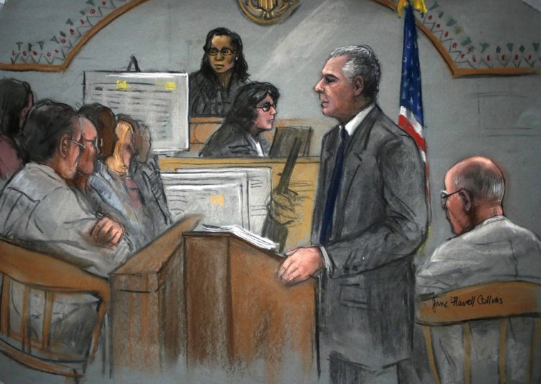 In this courtroom sketch, prosecutor Fred Wyshak, standing, speaks during closing arguments in the trial of James