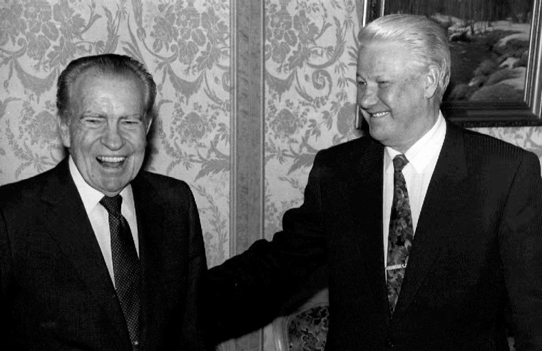 Russian President Boris Yeltsin, right, welcomes former President Richard Nixon prior to their meeting at the Kremlin on Feb. 10, 1993.