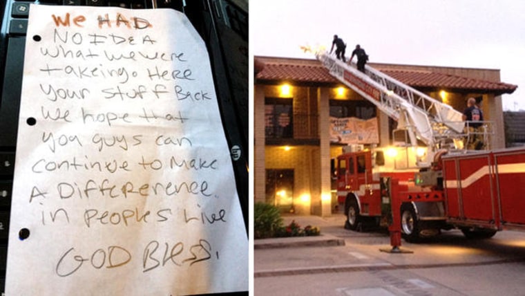 Thieves who stole computer equipment from a San Bernardino non-profit returned the items along with a letter of apology. The burglars apparently came in through the ceiling, which prompted police to call in the fire department to help in the investigation, pictured at right.