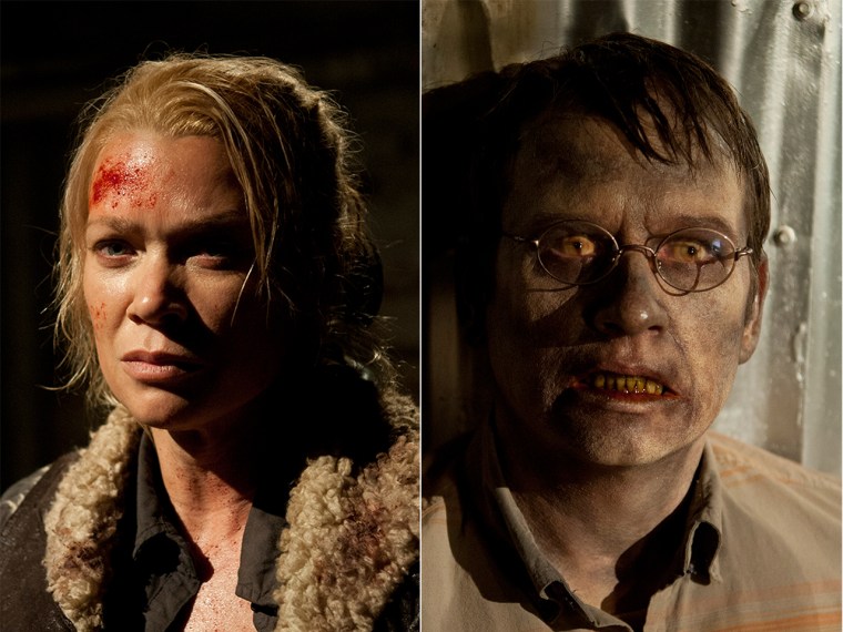 Laurie Holden (as Andrea) and Dallas Roberts (as Milton) on \"The Walking Dead.\"