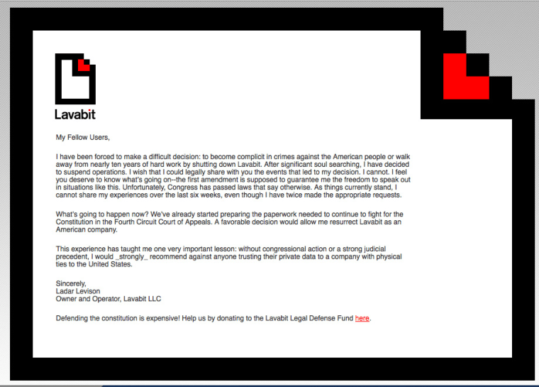 Letter from Lavabit owner Ladar Levison.