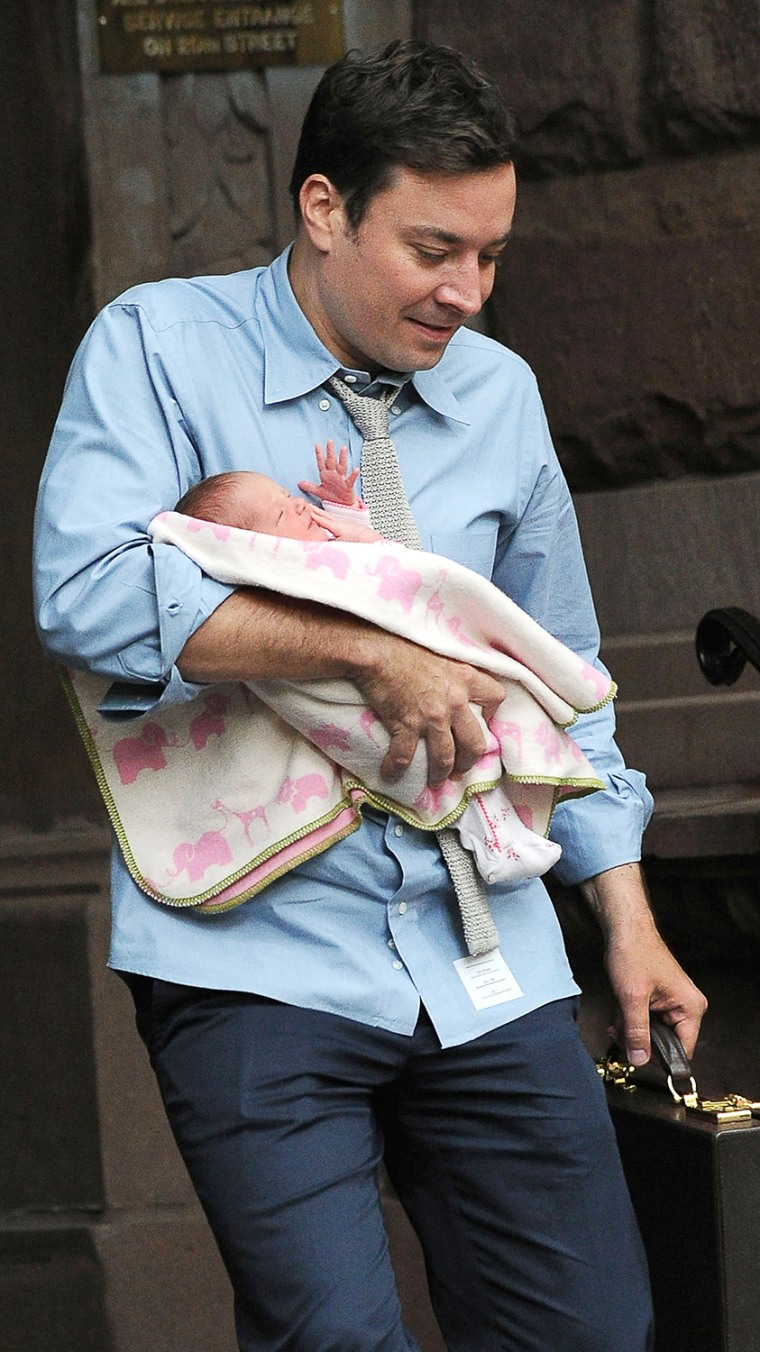 Jimmy Fallon departs his Manhattan residence with his adorable baby girl Winnie Fallon.