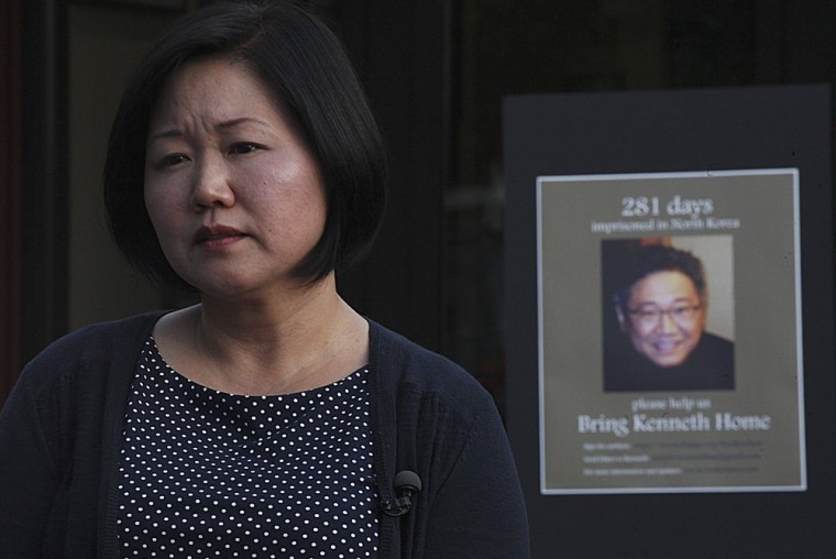 Terri Chung, sister of Kenneth Bae, looks on during a vigil in Seattle, Washington, Saturday.