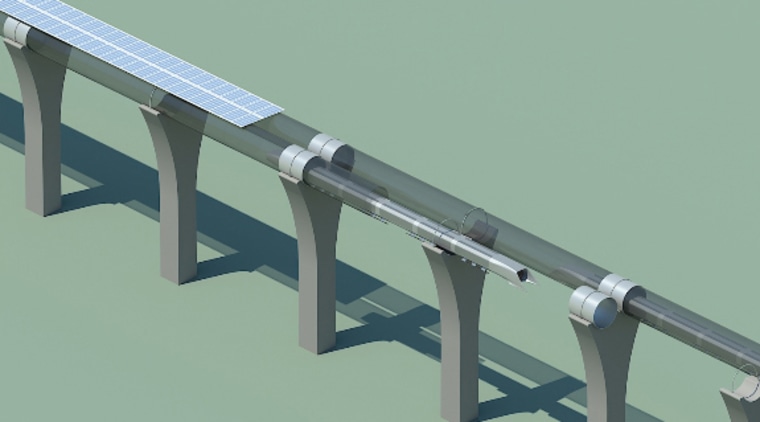Hyperloop capsule in tube cutaway with attached solar arrays