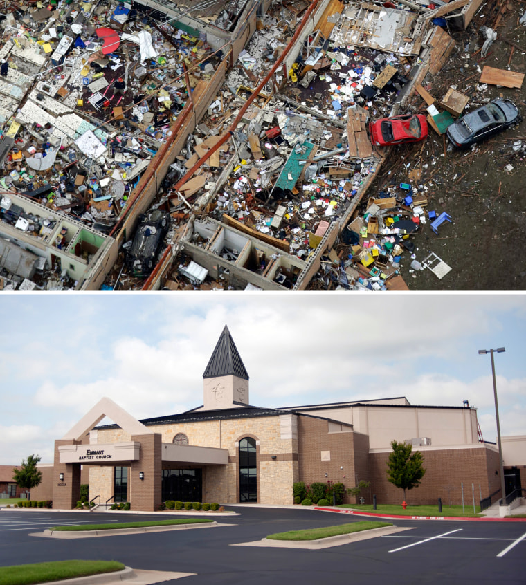 An aerial view (top) shows Briarwood Elementary the day after a massive tornado stuck Moore, Okla. A portion of Emmaus Baptist Church (bottom) in Moore is now acting as home to the Briarwood Elementary students.