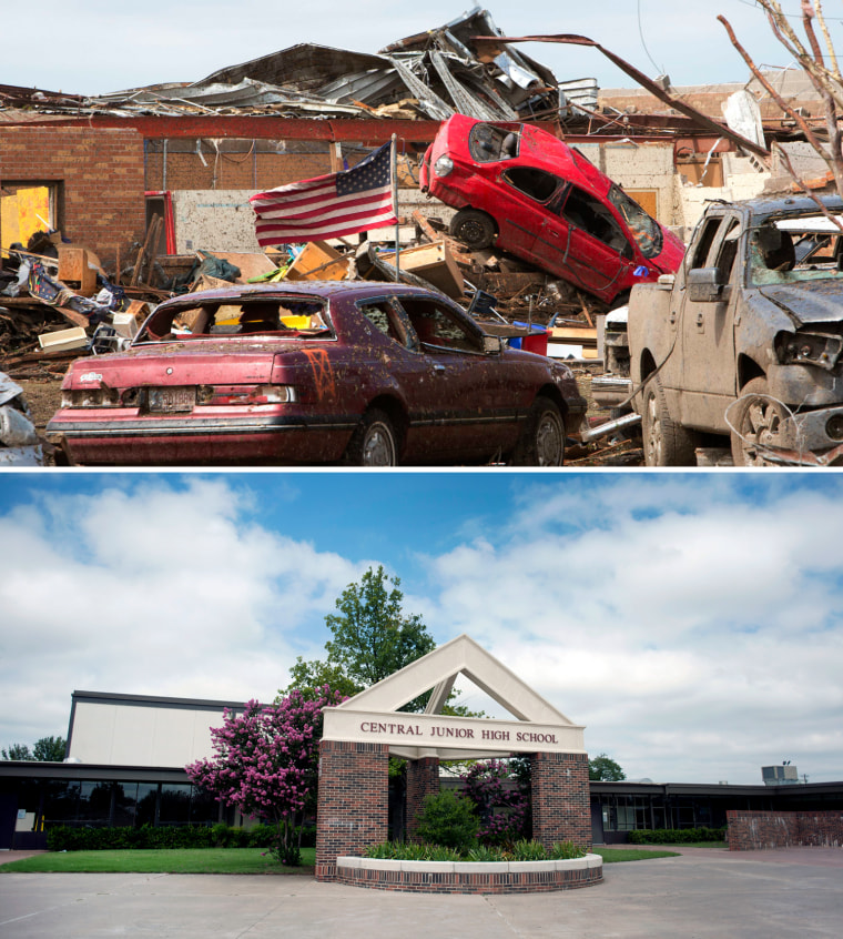 Destroyed vehicles (top) lie in the rubble outside the Plaza Towers Elementary school in Moore, Okla May 21, 2013 after the school was destroyed by a massive tornado May 20. Plaza Towers Elementary staff has been relocated to a building at the Junior High (bottom) as they await reconstruction of their school.
