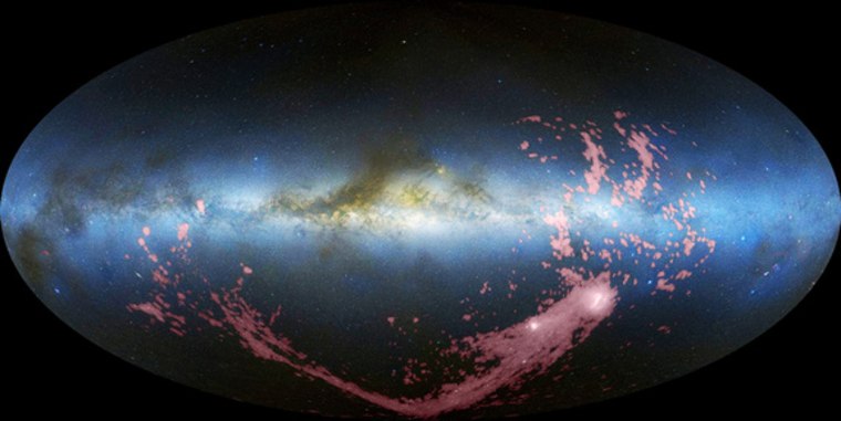 This all-sky, combined radio and visible-light image shows the Magellanic Stream in pink.