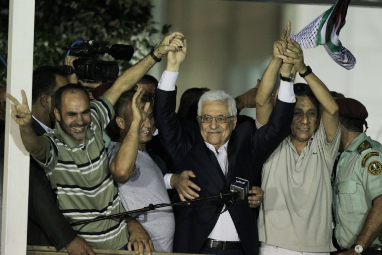 Palestinian President Mahmoud Abbas delivers a speech to released Palestinian prisoners, at his headquarters in the West Bank city of Ramallah, Wednesday.