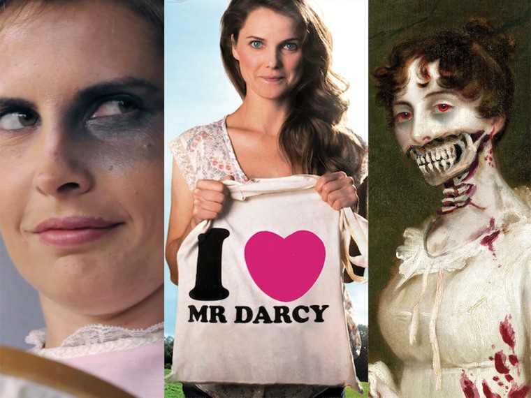 Images from Jane Austin's Fight Club, Keri Russell in \"Austenland\" and the book cover of \"Pride and Prejudice and Zombies.\"