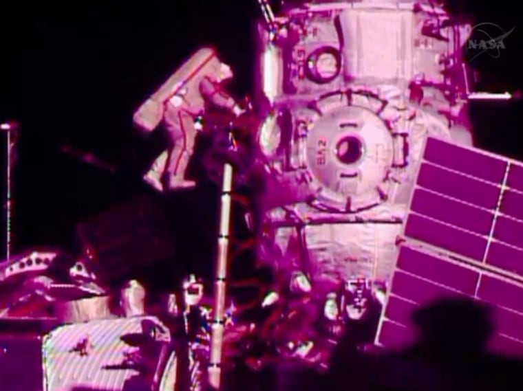 In this image from video made available by NASA, Russian cosmonaut Fyodor Yurchikhin participates in a spacewalk outside the International Space Stati...