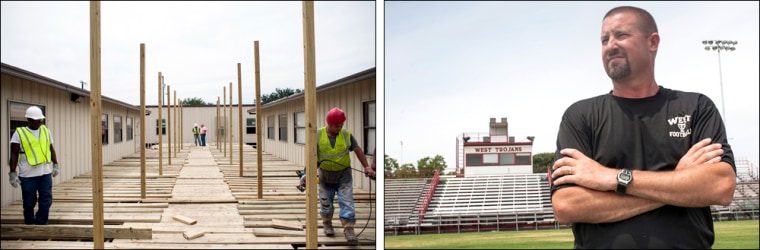 Left: Construction workers build the wood decking for the West Middle School 's new portable buildings, on Aug. 16. The West Middle School will now host the district's high school students.Right: David Woodard, athletic director for the West Independent School District lost his home on the north side of town.