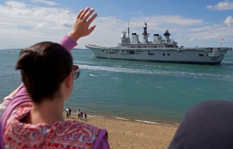 Britain's helicopter carrier HMS Illustrious leaves Portsmouth naval base in southern England bound for the Mediterranean on August 12.