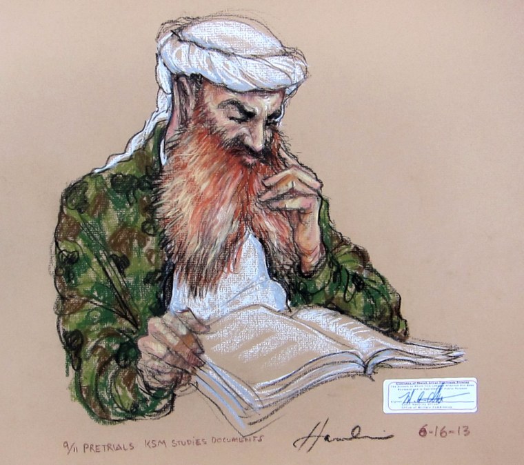 In this pool photo of a sketch by courtroom artist Janet Hamlin and reviewed by the U.S. Department of Defense, the self-proclaimed terrorist mastermind Khalid Sheikh Mohammed, wearing a camouflage jacket and white turban, flips through documents during the pretrial hearings at the Guantanamo Bay U.S. Naval Base in Cuba, Monday, June 17, 2013.