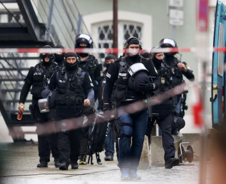 German special police forces attend a hostage situation in the town of Ingolstadt on Monday.