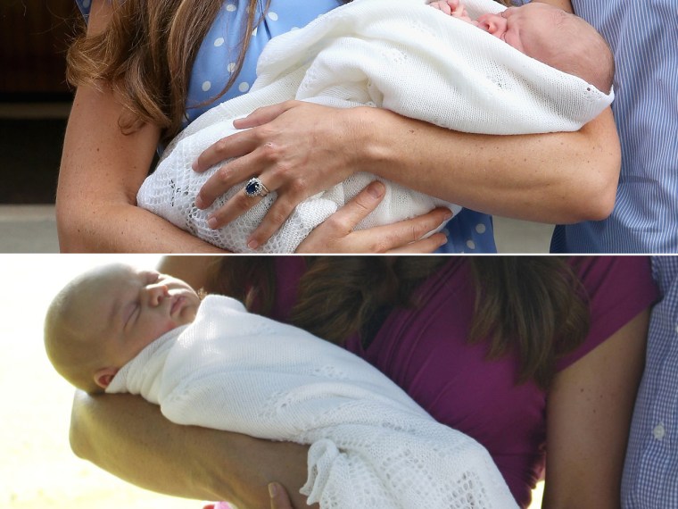 Sweet comparisons: Duchess Kate holds Prince George in a delicate blanket outside St. Mary's hospital on July 23 and during a photoshoot at her family estate.