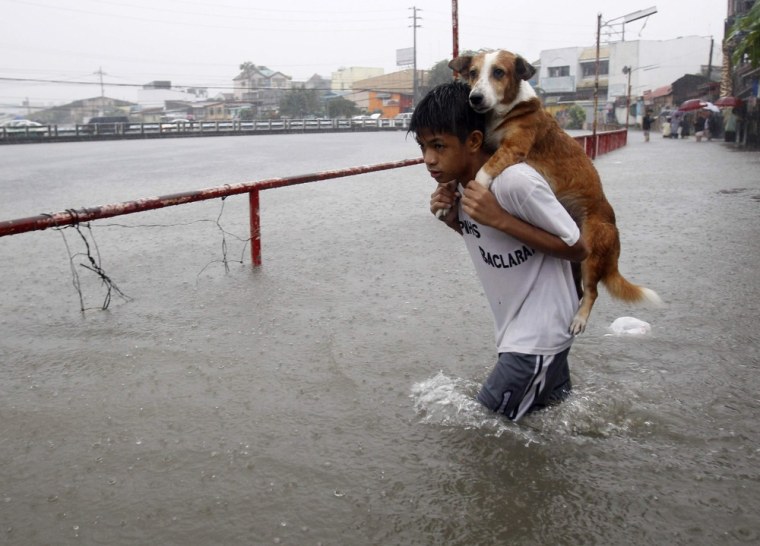 A boy carries his dog while wading in flood waters brought by the monsoon rain, intensified by tropical storm Trami, in Paranaque city, metro Manila on Aug. 20.