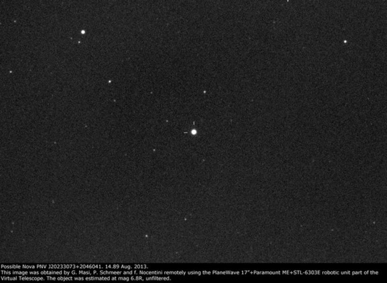 New star explosion Nova Delphini 2013 is seen in the Delphinus constellation (the Dolphin). This photo is by astrophysicist Gianluca Masi of the Virtual Telescope project.