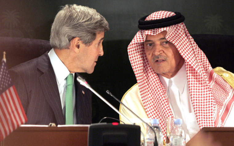 Saudi Foreign Minister Prince Saud al-Faisal holds a joint news conference with U.S. Secretary of State John Kerry in Jeddah on June 25.