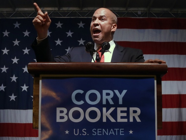 Newark Mayor and Senate candidate Cory Booker addresses a gathering after winning the Democratic primary election for the seat vacated by the late U.S. Sen. Frank Lautenberg, Tuesday, Aug. 13, 2013, in Newark, N.J.