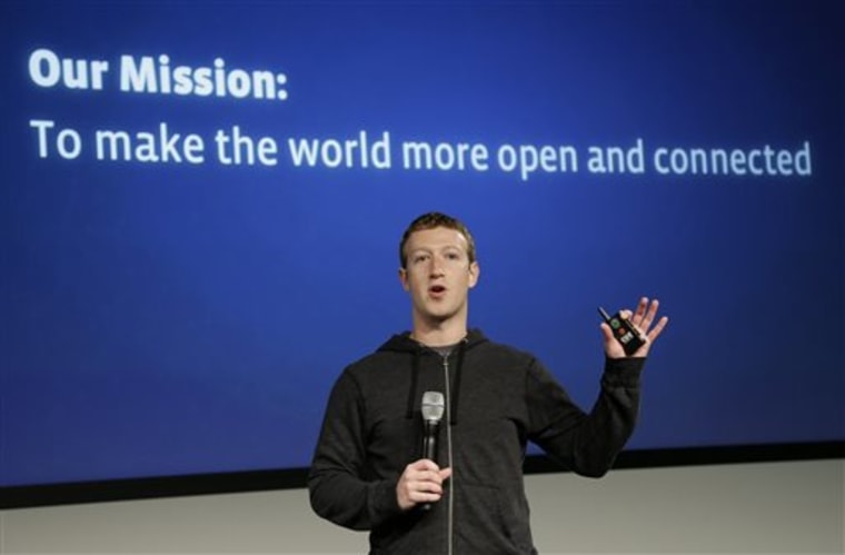 FILE - In this Thursday, March 7, 2013 file photo, Facebook CEO Mark Zuckerberg speaks at the company's headquarters in Menlo Park, Calif. Facebook wa...