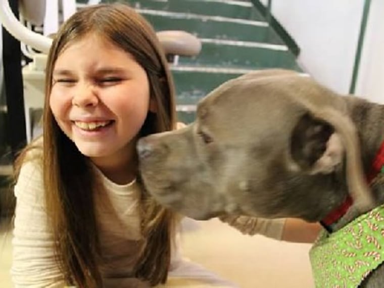 Emma Wishneski, a third grader who was at Sandy Hook last year, and her therapy dog Jeffrey