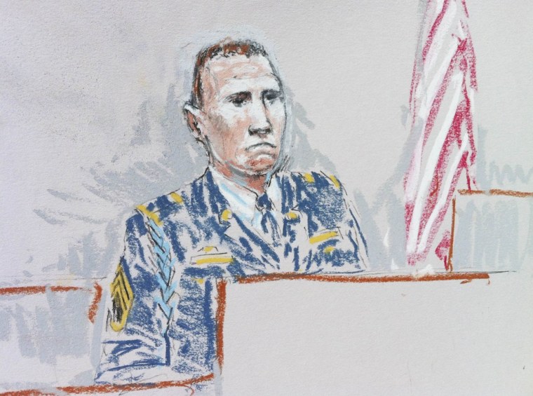 A courtroom sketch shows Army Staff Sergeant Robert Bales on the stand on Wednesday. Bales pleaded guilty to a massacre of 16 Afghan villagers to avoid the death penalty.