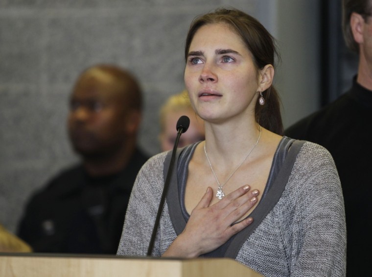 Amanda Knox talks to reporters, Tuesday, Oct. 4, 2011, in Seattle.