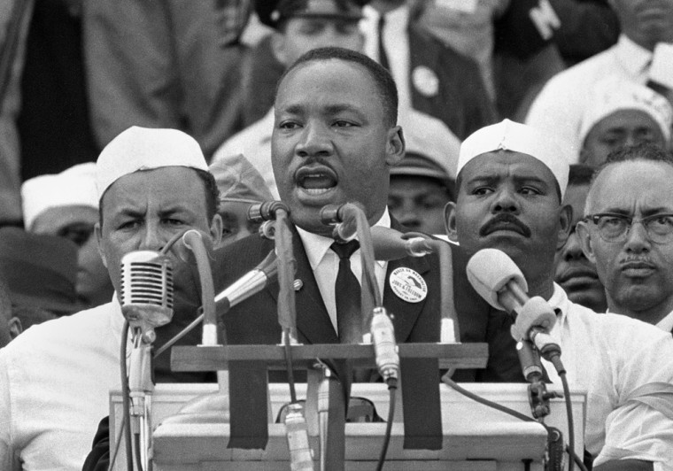 In this Aug. 28, 1963, Dr. Martin Luther King Jr., head of the Southern Christian Leadership Conference, addresses marchers during his