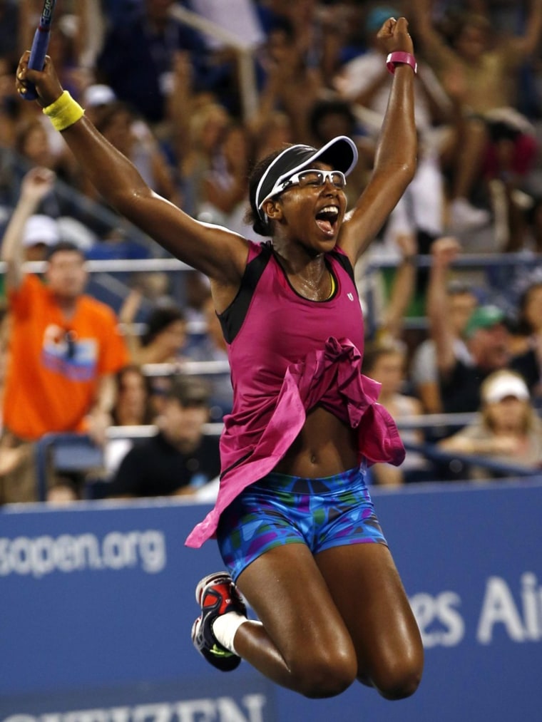Victoria Duval of the U.S. celebrates defeating Samantha Stosur of Australia at the U.S. Open tennis championships in New York on Aug. 27, 2013.
