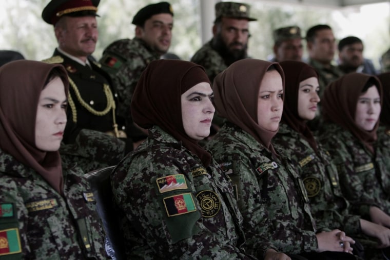 Female soldiers of Afghan National Army observe a graduation ceremony in Kabul, Afghanistan, Saturday, June 15, 2013.