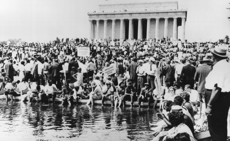 Demonstrators gather in front of the Lincoln Memorial.