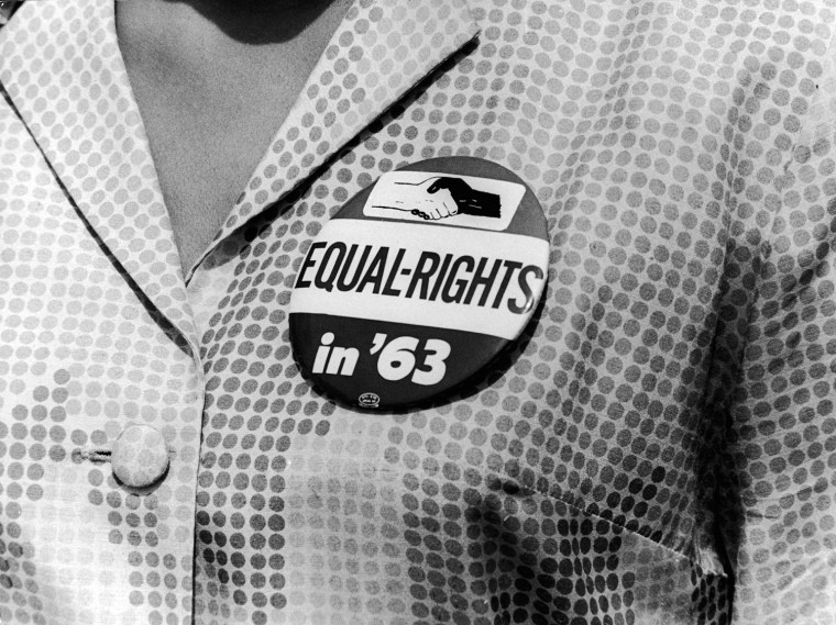 A civil rights protest button at the March on Washington.
