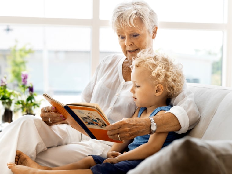 granmother, grandson, child, read, elderly, senior, babysit
