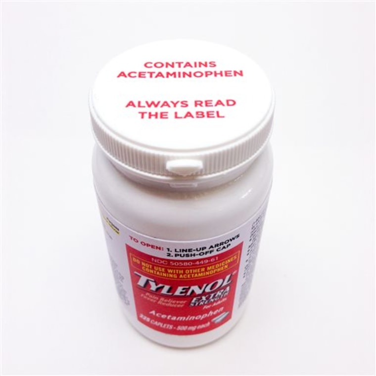 This undated product image provided by Johnson & Johnson shows a bottle of Extra Strength Tylenol bearing a new warning label on the cap alerting user...