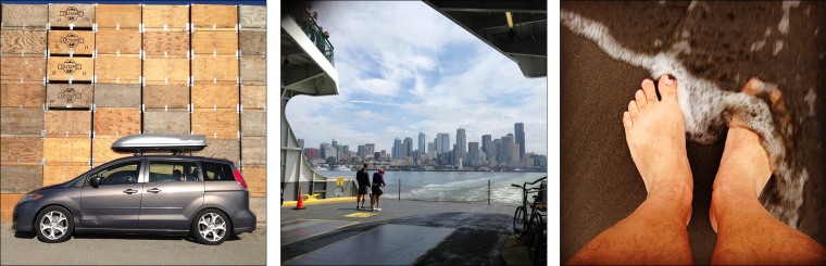 L: Our chariot, dwarfed by apple crates in Wenatchee, Wash.; C: Leaving Seattle for the Olympic Peninsula on the ferry; R: A last goodbye to the Pacif...