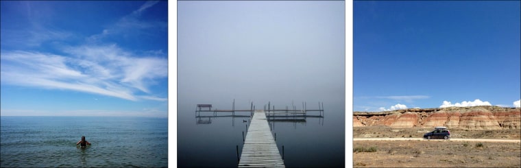 L: A calm, surprisingly chilly Lake Michigan in Saugatuck, Mich.; C: Foggy morning at Petite Lake, Illinois; R: Driving back to Hwy. 14 from Red Gulch...
