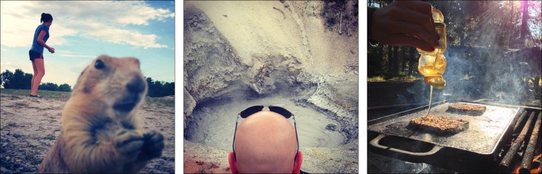 L: Photo-bombing prarie dog outside Badlands N.P.; C: Bubbling mud pot in Yellowstone N.P.; R: Campfire toast in Grand Teton N.P.