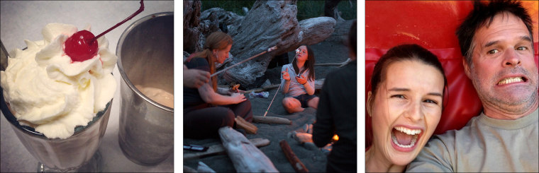 L: Chocolate malted heaven at Norm's News in Kalispell, Montana; C: Roasting marshmallows with friends on Rialto Beach; R: Riding the Tilt-a-Whirl at ...