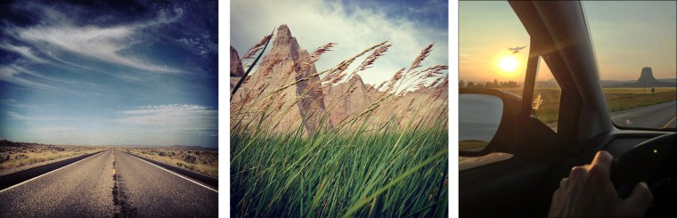 L: In Idaho, heading towards Wyoming; C: Badlands National Park; R: Driving towards Devils Tower