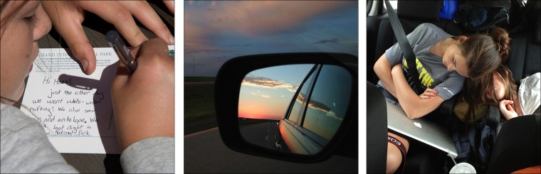 L: Sharing the trip with friends, Yellowstone NP; C: Finishing a long day on a stretch of I-90, eastbound through South Dakota; R: Road tripping can ...