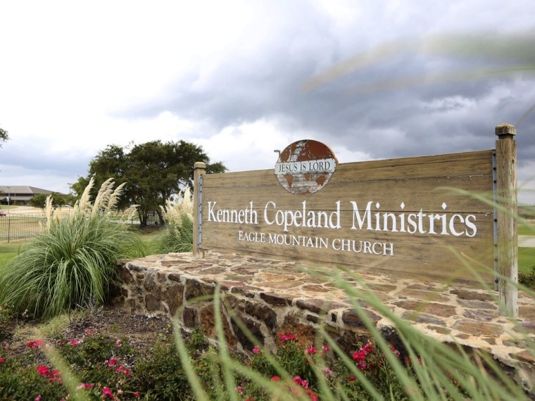 A sign marks the entrance of the Kenneth Copeland Ministries Eagle Mountain Church, Tuesday, Aug. 27, 2013, in Newark, Texas. The Texas megachurch is...