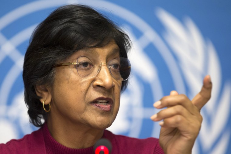 UN High Commissioner for Human Rights, South African Navi Pillay speaks during a news conference at the European headquarters of the United Nations in Geneva, Switzerland on Monday. Pillay said there is mounting evidence that Syrian government officials, including President Bashar Assad, are responsible for crimes against humanity and war crimes.