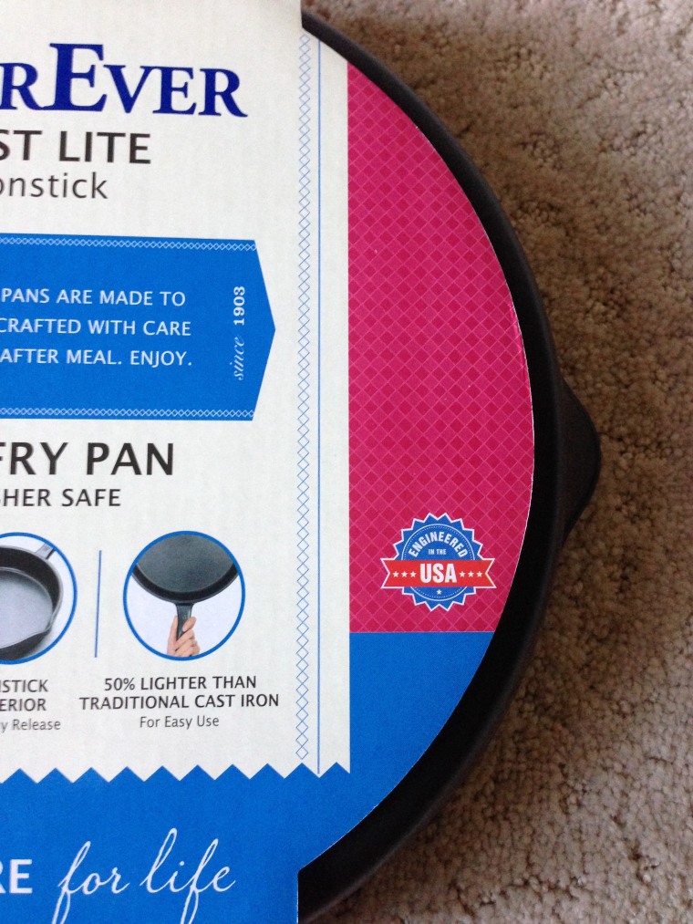 The label on the Chinese-made WearEver Cast Lite skillet, sold at Wal-Mart, was confusing, with a small symbol with \"USA\" printed on the front. It is engineered in the United States but made in China.